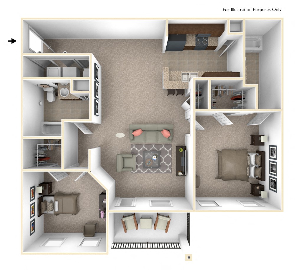 Floor plan for 2 beds, 2 baths, 1099 sqft